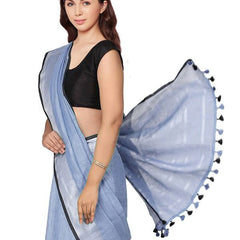 Vista Blue women's Bhagalpuri Blend Linen Saree With Black Pipine Contrast Blouse Piece - View 5