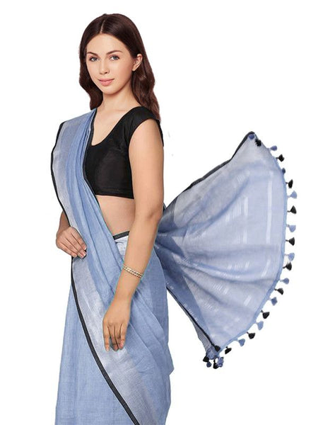 Vista Blue women's Bhagalpuri Blend Linen Saree With Black Pipine Contrast Blouse Piece - View 5