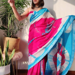 Linen Multi Dye Bhagalpuri Handloom Sibory Saree (Cyan-White-Pink)