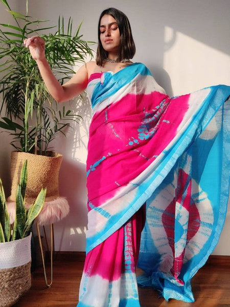 Linen Multi Dye Bhagalpuri Handloom Sibory Saree (Cyan-White-Pink)