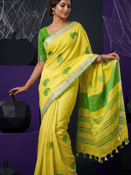 Handwoven Bhagalpuri Linen Blend Embroidered Saree With Contrast Blouse Piece(Yellow_Parrot Green)