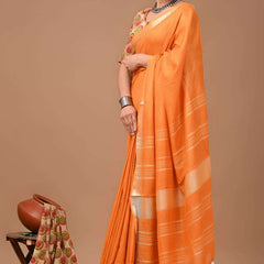 Linen Cotton Blend Handloom Bhagalpuri Saree with Zari Border (12790 Jaffy_Orange) - View 2