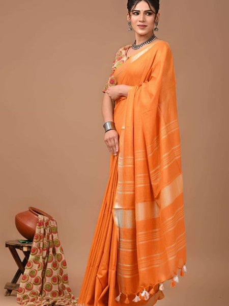 Linen Cotton Blend Handloom Bhagalpuri Saree with Zari Border (12790 Jaffy_Orange) - View 2