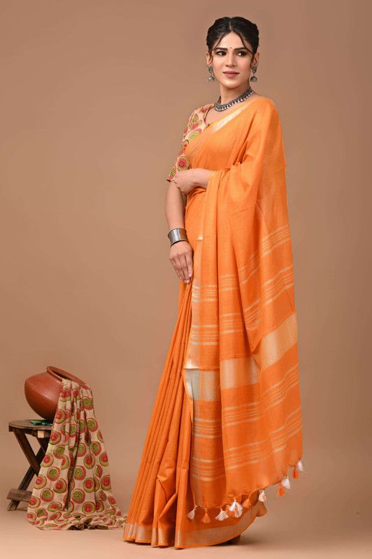 Linen Cotton Blend Handloom Bhagalpuri Saree with Zari Border (12790 Jaffy_Orange) - View 2