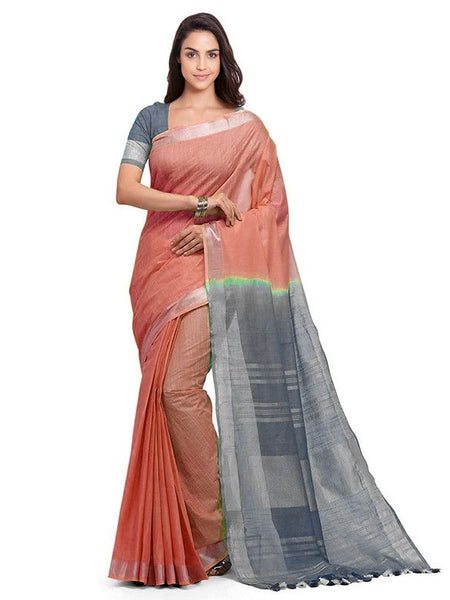 Handloom Bhagalpuri Cotton Linen Blend Two Dye Saree With Running Unstitched Blouse Piece