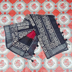 Linen Cotton Blend Handloom Bandhani Dye Batik Print Saree (SLBR_Red & Black) - View 3