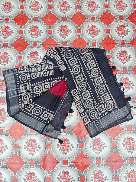 Linen Cotton Blend Handloom Bandhani Dye Batik Print Saree (SLBR_Red & Black) - View 3