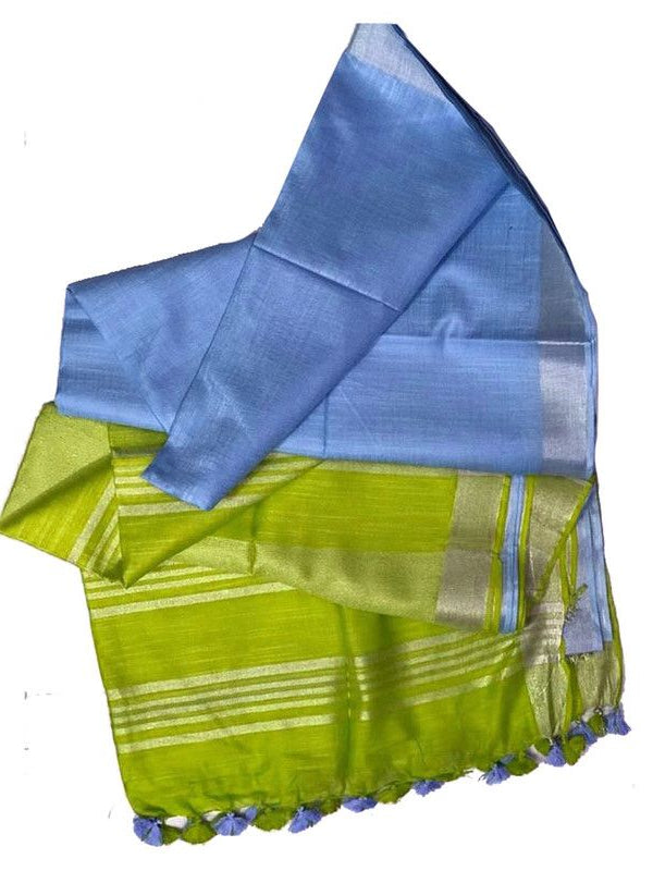Apple Green & Jordy Blue women's Ethnic Wear Bhagalpuri Handloom Cotton Linen Blend Two Dye Saree With Running Unstitched Blouse Piece - View 3