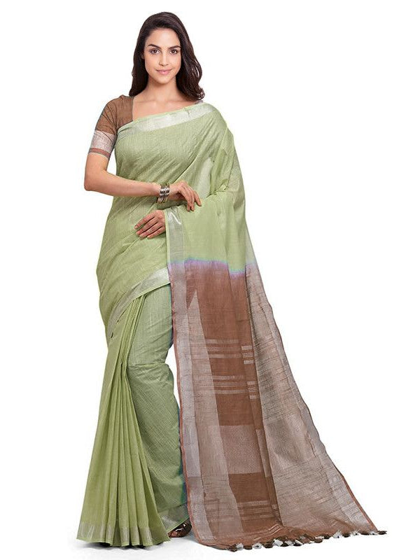Khaki Tan & Brown women's Bhagalpuri Handloom Pure Cotton Two Dye Saree With Running Unstitched Blouse Piece