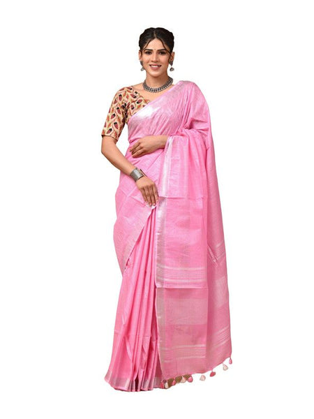 Linen Cotton Blend Handloom Bhagalpuri Saree with Zari Border (12793. Light_Pink) - View 3