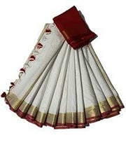 White-Red women's Handloom Bhagalpuri Linen Cotton Blend Saree Ethnic Wear With Contrast Unstitched Blouse Piece - View 2