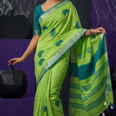 Handwoven Bhagalpuri Linen Blend Embroidered Saree With Contrast Blouse Piece(Parrot Green_Cyan)