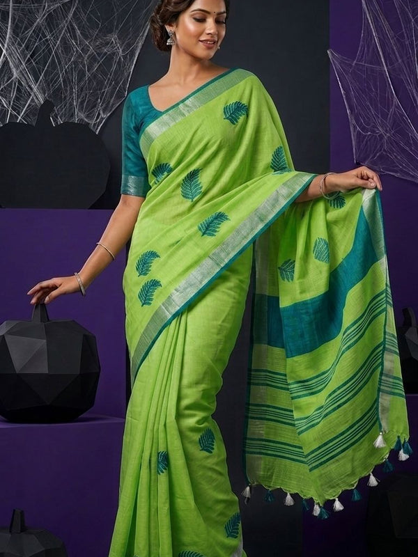 Handwoven Bhagalpuri Linen Blend Embroidered Saree With Contrast Blouse Piece(Parrot Green_Cyan)