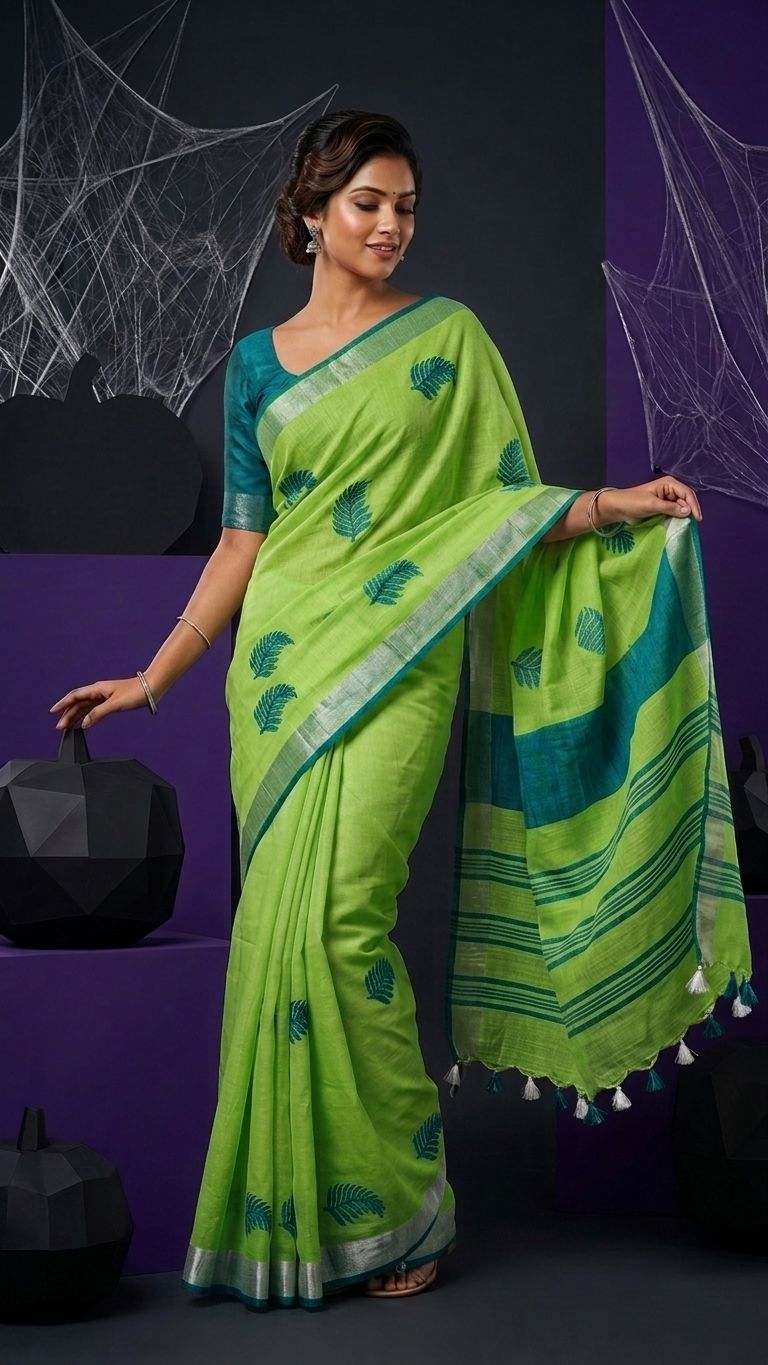 Handwoven Bhagalpuri Linen Blend Embroidered Saree With Contrast Blouse Piece(Parrot Green_Cyan)