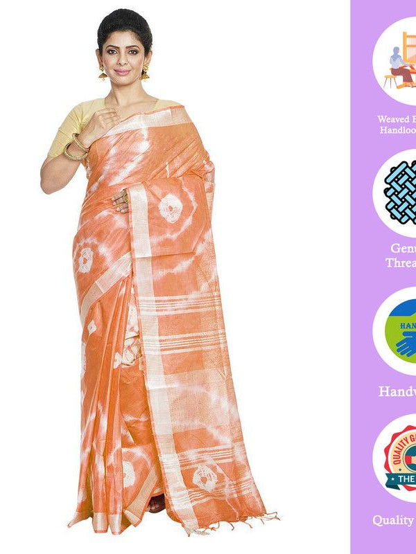 Orange women's Bhagalpuri Handloom Linen Blend Tie-Dye (Sibory Dye) Saree With Running Unstiched Blouse Piece - View 2