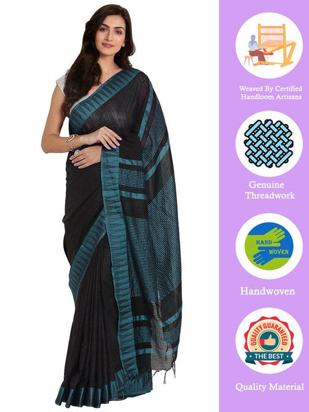 Black-Cyan women's Bhagalpuri Handloom Katan Viscous Silk Temple Border Saree Ethnic Wear With Running Unstitched Striped Blouse Piece