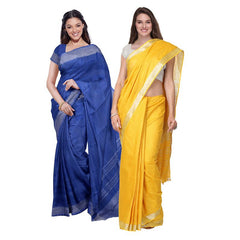 Cobalt Blue & Yellow women's Bhagalpuri Handloom Cotton-Linen Blend Saree Combo (Pack Of 2) With Running Unstiched Blouse Piece