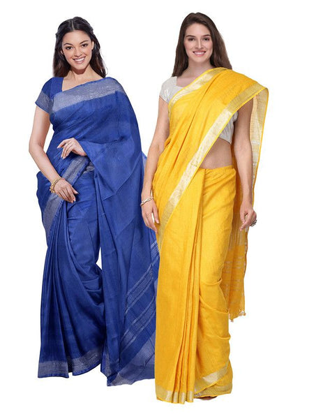 Cobalt Blue & Yellow women's Bhagalpuri Handloom Cotton-Linen Blend Saree Combo (Pack Of 2) With Running Unstiched Blouse Piece