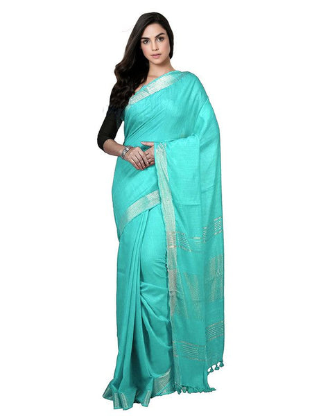 Turquoise Bhagalpuri women's Handloom Linen Cotton Ethnic Wear Saree With Running Unstitched Blouse Piece