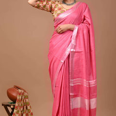 Linen Cotton Blend Handloom Bhagalpuri Saree with Zari Border (12789 Hot_Pink)