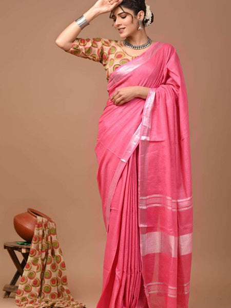Linen Cotton Blend Handloom Bhagalpuri Saree with Zari Border (12789 Hot_Pink)
