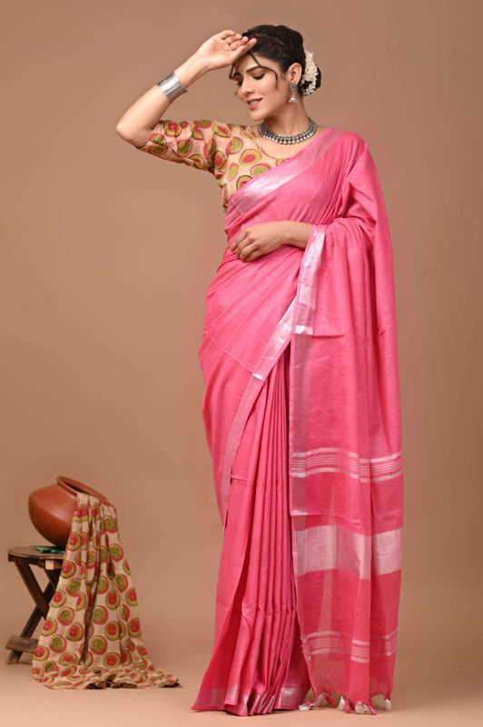 Linen Cotton Blend Handloom Bhagalpuri Saree with Zari Border (12789 Hot_Pink)