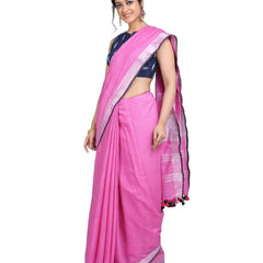 Linen Cotton Blend Contrast Handloom Bhagalpuri Saree (Persian_Pink-Black) - View 2