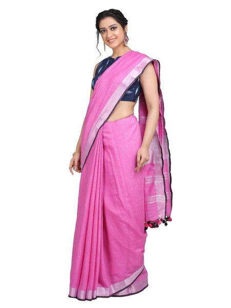 Linen Cotton Blend Contrast Handloom Bhagalpuri Saree (Persian_Pink-Black) - View 2
