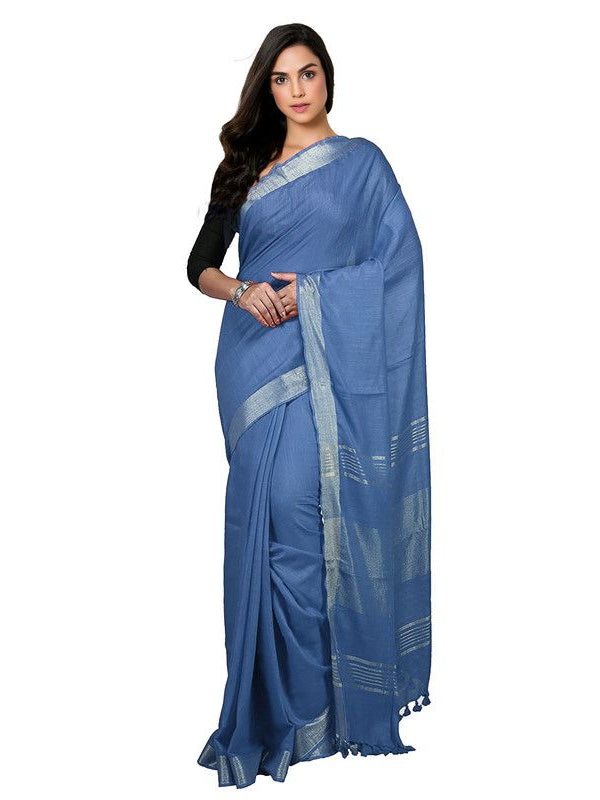 Airforce Blue Bhagalpuri women's Handloom Linen Cotton Ethnic Wear Saree With Running Unstitched Blouse Piece - View 2