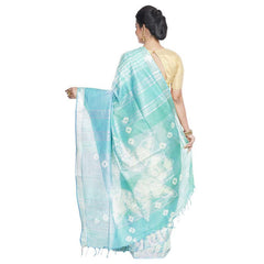 Green & Tiffany Cyan women's Bhagalpuri Handloom Cotton Linen Slub Blend Tie Two Dye (Sibory Two Dye) Saree With Running Unstitched Blouse Piece - View 2