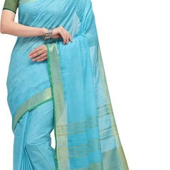 Linen Cotton Blend Contrast Handloom Bhagalpuri Saree for Women (Gold-Cyan-Dark_Green)