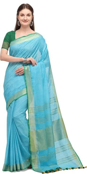 Linen Cotton Blend Contrast Handloom Bhagalpuri Saree for Women (Gold-Cyan-Dark_Green)