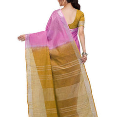 Neon Pink & Golden Brown women's Bhagalpuri Handloom Linen Cotton Blend Two Dye Saree With Running Unstitched Blouse Piece - View 5