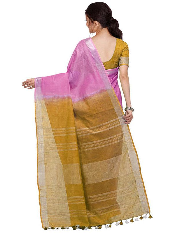 Neon Pink & Golden Brown women's Bhagalpuri Handloom Linen Cotton Blend Two Dye Saree With Running Unstitched Blouse Piece - View 5