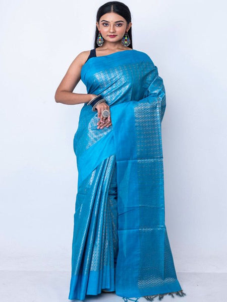 Handloom Bhagalpuri Cotton Munga Silk Crafted Zari Weaving Saree for women's (Azure)
