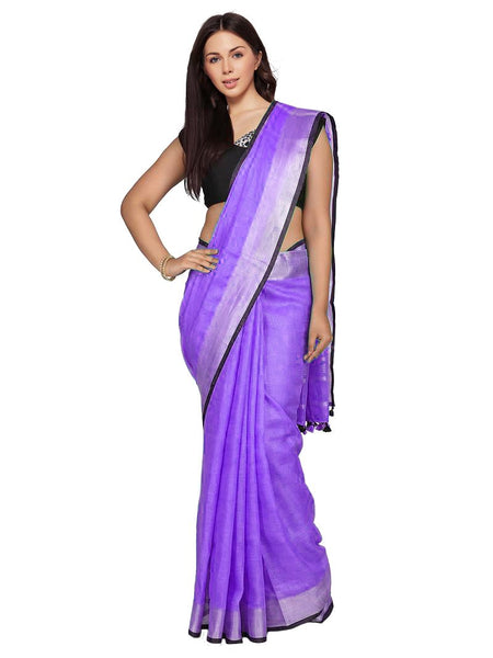 Bhagalpuri Blend Linen Saree With Black Pipine Contrast Blouse Piece