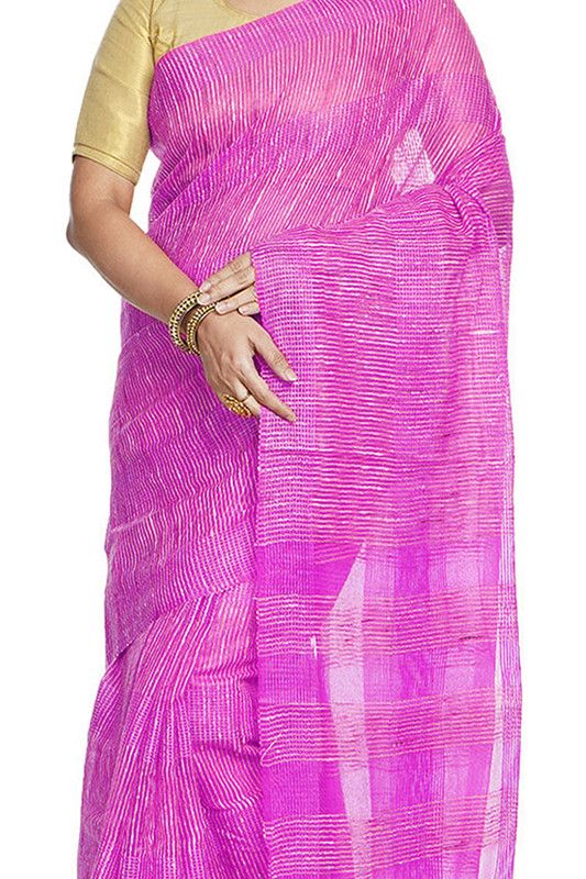 Fushia Pink women's Bhagalpuri Kota Doria Silk Semi Transparent Saree With Unstiched Blouse Piece - View 4