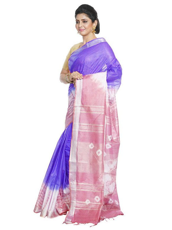 Slate Blue & Han Pink women's Bhagalpuri Handloom Cotton Linen Slub Blend Tie Two Dye (Sibory Two Dye) Saree With Running Unstitched Blouse Piece - View 3
