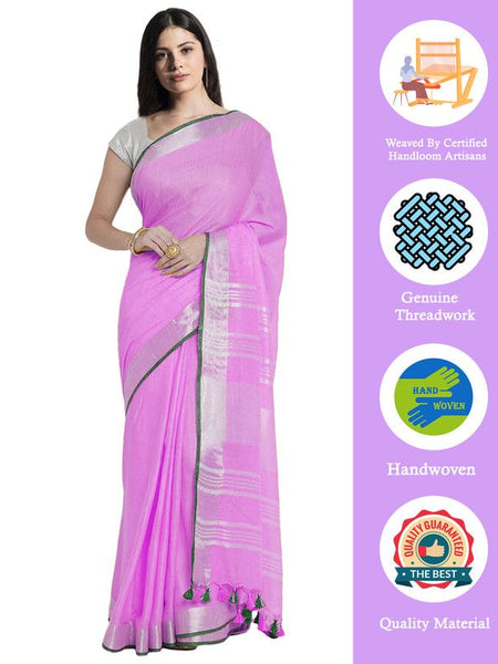 Orchid Magenta women's Bhagalpuri Handloom Cotton Linen Blend Saree With Contrast Unstiched Blouse Piece - View 2