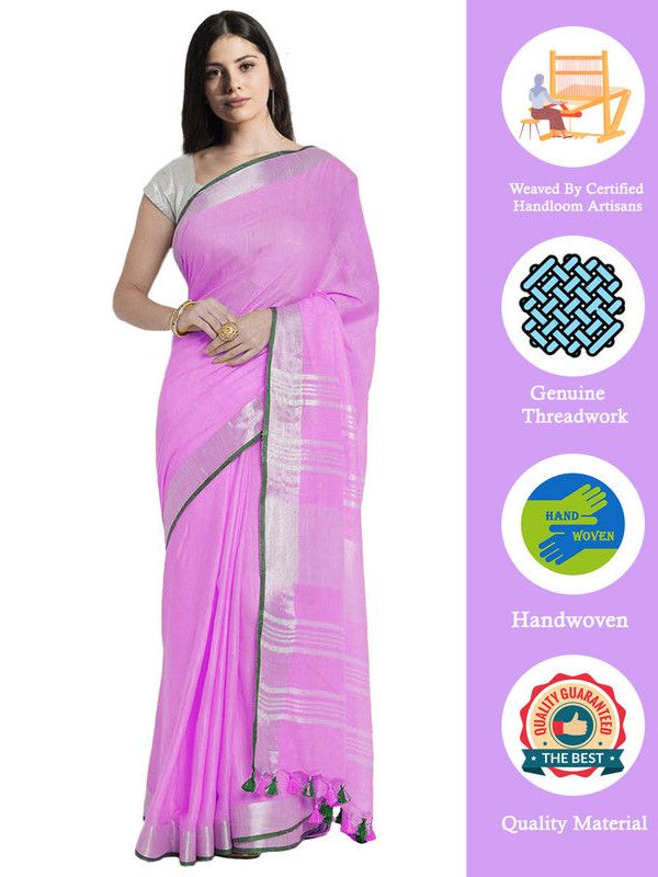 Orchid Magenta women's Bhagalpuri Handloom Cotton Linen Blend Saree With Contrast Unstiched Blouse Piece - View 2