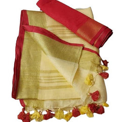 Handloom Bhagalpuri Linen Cotton Blend Contrast Border Saree for Women (12623 Gold-Creame-Red) - View 2