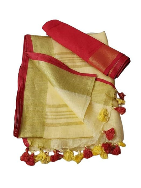 Handloom Bhagalpuri Linen Cotton Blend Contrast Border Saree for Women (12623 Gold-Creame-Red) - View 2