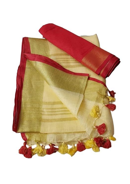 Handloom Bhagalpuri Linen Cotton Blend Contrast Border Saree for Women (12623 Gold-Creame-Red) - View 2