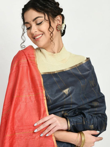 Women's Handloom Two Dye Semi Tussar Silk Striped Temple Motif Bhagalpuri Saree (Black & Terracota_Red) - View 2