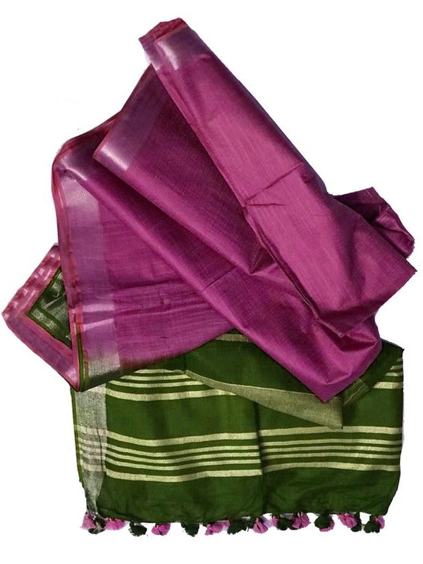 Dark Moss Green & Mulberry Pink women's Ethnic Wear Bhagalpuri Handloom Cotton Slub Blend Two Dye Saree With Running Unstitched Blouse Piece