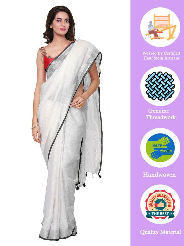 Black women's Bhagalpuri Handloom Linen Cotton Blend White Saree With Silver Zari Border And Contrast Unstitched Blouse Piece - View 2