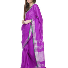 Electric Purple women's Bhagalpuri Handloom Cotton Linen Blend Saree With Contrast Unstiched Blouse Piece - View 3