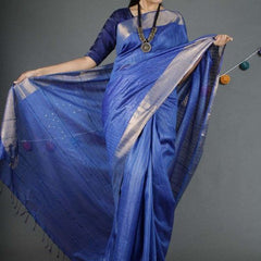 Blue Sequins Bhagalpuri Silk Handloom Striped Saree - View 6