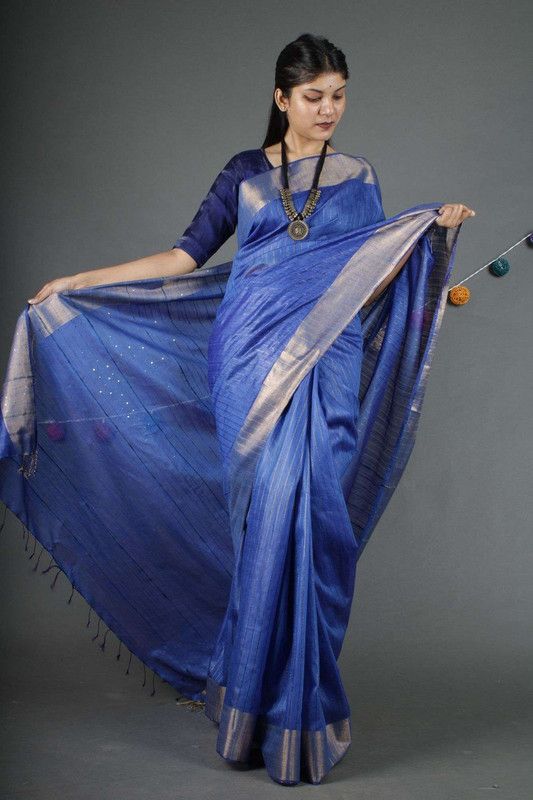 Blue Sequins Bhagalpuri Silk Handloom Striped Saree - View 6