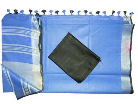 Neon Blue women's Bhagalpuri Blend Linen Saree With Black Pipin Contrast Blouse Piece - View 2